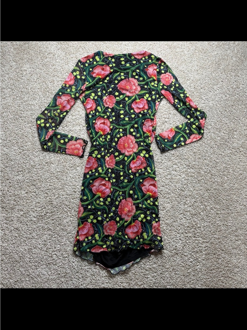 Desigual Black Floral Long-Sleeve Fitted Dress with Pink Blooms